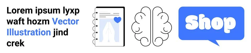 Mind and eCommerce Tech Insights Concept with Notebook, Brain, and Speech B.. Illustrazione stock