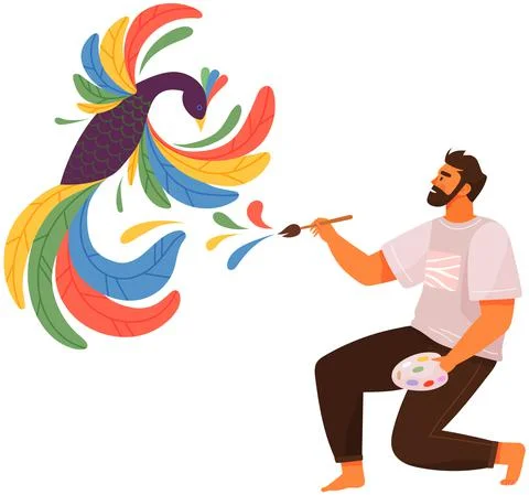 Mind behavior, creativity, imagination concept. Man creates masterpiece of art 스톡 일러스트