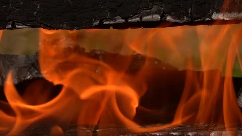 Mind bending flame between firewoods against blur green background. Slow motion. 스톡 동영상 98740134