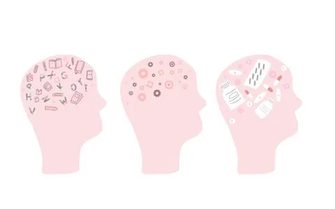 Mind concept. Human brains with different signs. Vector illustration. 스톡 일러스트