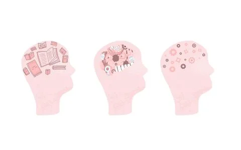 Mind concept. Set of human brains with different signs. Vector illustration. Illustrazione stock