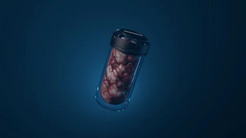 Mind data storage. capsule with artificial brain inside on a uniform blue bac Stock Footage 125565769