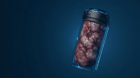 Mind data storage. capsule with artificial brain inside on a uniform blue bac Stock Footage 125565801