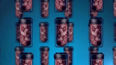 Mind data storage. capsule with artificial brain inside on a uniform blue bac Stock Footage 125566295