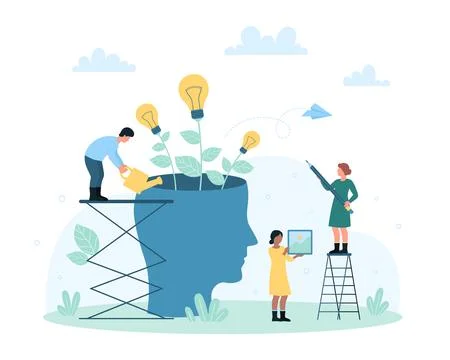 Mind development and personal growth, tiny people water light bulb plants of Illustrazione stock
