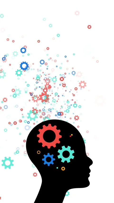 Mind gears creative thinking human profile, floating cogs, bright minimal layout Stock Footage 340477673