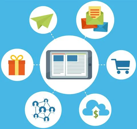 Mind map about convenience of technology. Tablet surrounded by icons of Stock Illustration