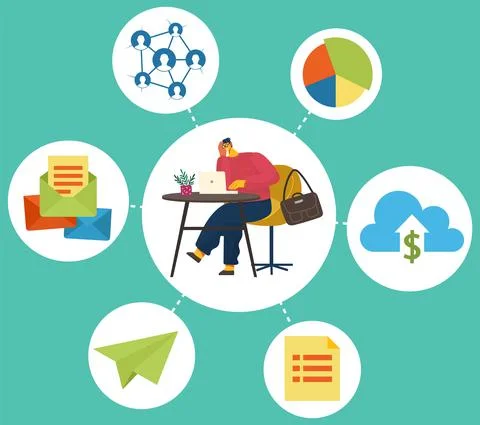 Mind map about social networks. Man surrounded by apps, chats, internet and Illustrazione stock