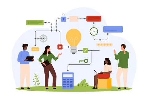 Mind map diagram to clarify decision, tiny people research visualization of イラスト素材