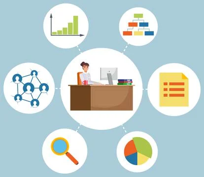 Mind map on topic of office work with statistics and data analysis. Woman Stock Illustration