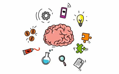 Mind mapping for thinking of various ways. Bulb, paper, paint, puzzle, chemical, Illustrazione stock