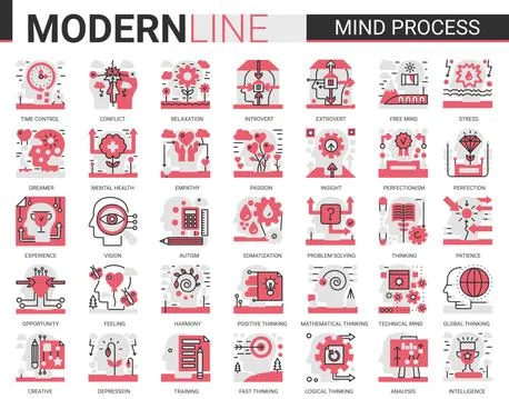 Mind process complex flat line icon vector illustration set. Red black symbols Stock Illustration
