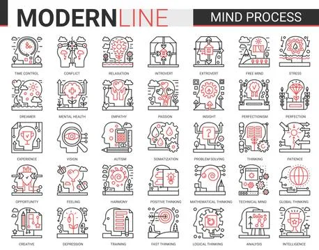 Mind process complex line icon vector illustration set. Red black thin linear Stock Illustration