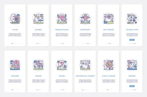 Mind process in human abstract head UX, UI onboarding mobile app page screen set Illustrazione stock