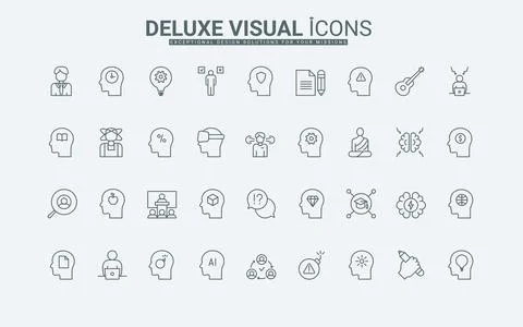 Mind process, human heads with pictograms of gear and time, warning sign line Stock Illustration