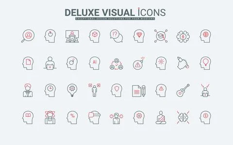 Mind process, human heads with pictograms of gear and time, warning sign line 스톡 일러스트