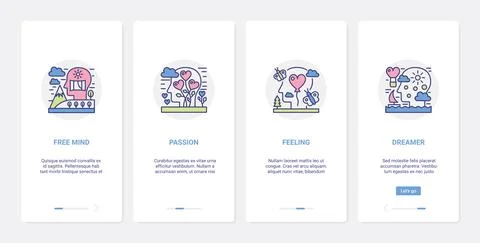 Mind process, passion feelings and dreams UX, UI onboarding mobile app page Illustrazione stock