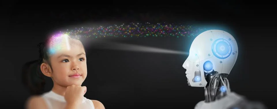 Mind-Reading Artificial Intelligence. A robot scans and reads a girl's thou.. 스톡 사진