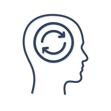 Mind renewal. Human head with rotating arrows inside. Represents mental ren.. Illustrazione stock
