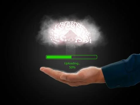 Mind uploading, Brain upload concept. Data and information are uploaded to .. Stock Photos