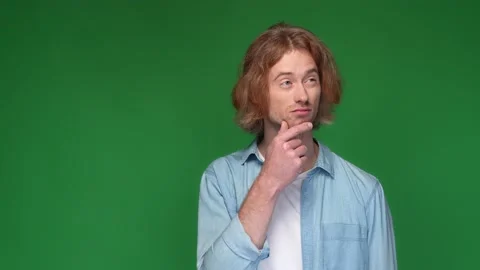 Minded guy touch chin genius thoughts consider isolated shine color background Stock Footage 169516345