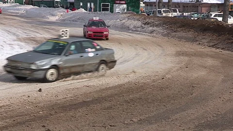 Minden, Canada Jan 12 2026 Ice Racing Cars Drifting on Frozen Track in Winter Stock Footage 346438837