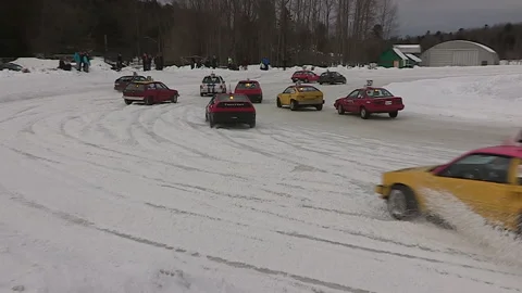 Minden, Canada Jan 12 2026 Ice Racing Cars Drifting on Frozen Track in Winter Stock Footage 346442876