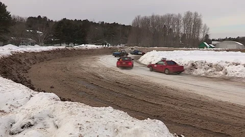 Minden, Canada Jan 12 2026 Ice Racing Cars Drifting on Frozen Track in Winter Stock Footage 346444000