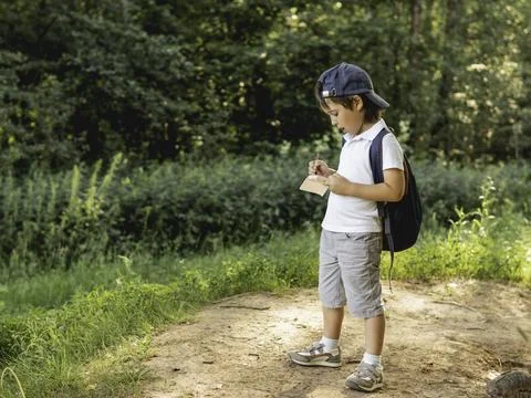 Mindful boy writes something in notebook while walking in forest. Exploring n Stock Photos