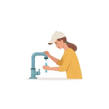 A mindful practice of conserving water: A young woman turning on a faucet t.. Ilustração Stock