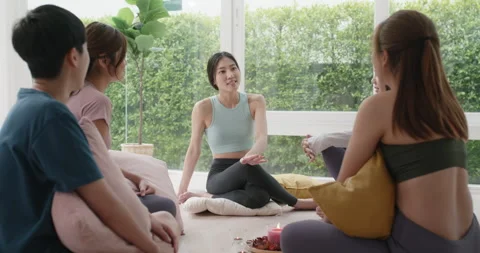 Mindful zen yoga workshop stress relief for Gen Z health care longevity lif.. Stock-Footage 308614226