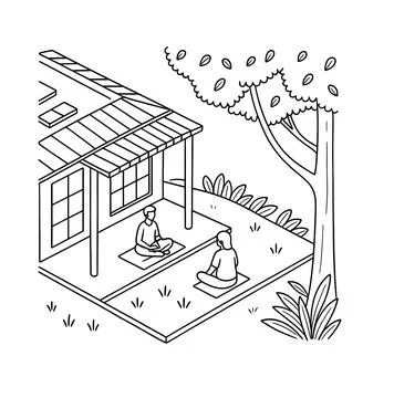 Mindfulness and mental wellness vector line illustration with couple meditating Stock Illustration