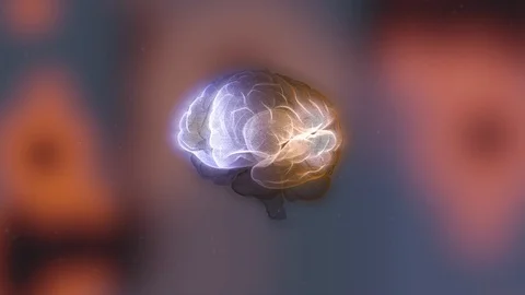 Mindfulness concept. Glowing brain structure rotating over blurred red light Stock Footage 125970504