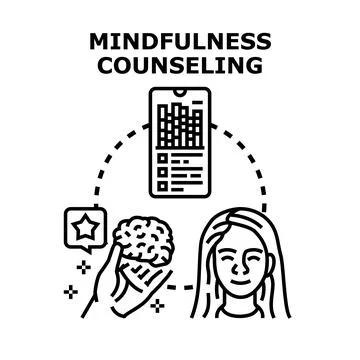 Mindfulness counseling session connecting brain health and mobile app Stock Illustration