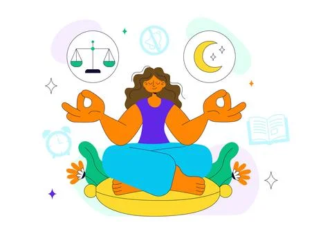 Mindfulness Meditation Practice Vector Illustration of a Person with Closed.. Stock Illustration