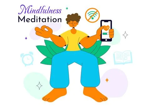 Mindfulness Meditation Practice Vector Illustration of a Person with Closed.. Stock Illustration