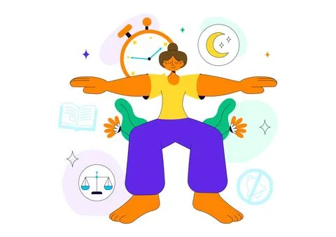 Mindfulness Meditation Practice Vector Illustration of a Person with Closed.. Illustrazione stock