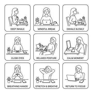 Mindfulness office desk relaxation techniques, woman meditating at workplac.. Stock Illustration