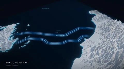 Mindoro Strait 3D White Terrain Relief Map With Glowing Shipping Route Stock Footage 343537478