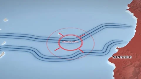 Mindoro Strait naval blockade map on a pale 3D terrain relief 動画素材 344268494
