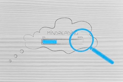 Mindreading caption progress bar loading inside thought bubble with magnifyin Stock Illustration