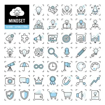 Mindset icons collection with lightbulb, brain, hands, rocket, city, book, .. Illustrazione stock