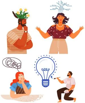 Mindset types set structural, analytical, logical and creative artistic Stock Illustration