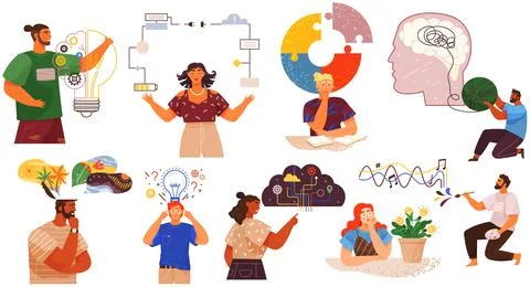 Mindset types set structural, analytical, logical and creative artistic 스톡 일러스트