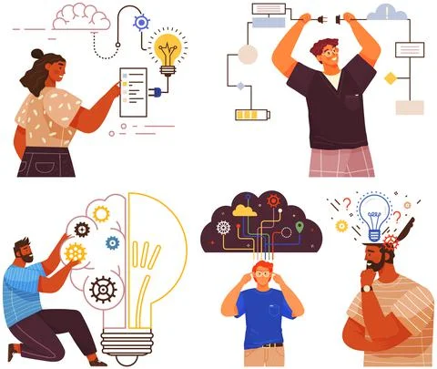 Mindset types set structural, analytical, logical and creative artistic Illustrazione stock