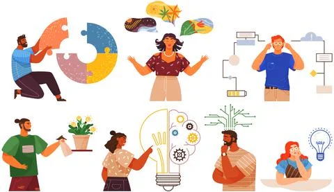 Mindset types set structural, analytical, logical and creative artistic 스톡 일러스트