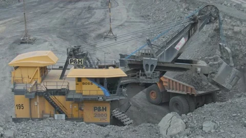Mine excavator loading coal into dump tr... | Stock Video | Pond5