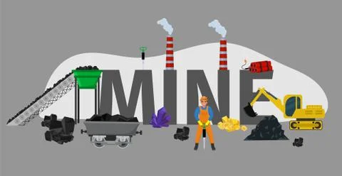 Mine font type, character coal miner mining, isolated on grey, flat vector Stock Illustration