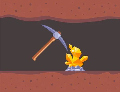 Mine gold nuggets. pickaxe extracts minerals. Stock Illustration