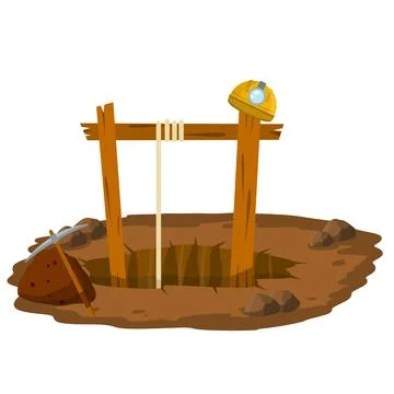 Mine. Hole in ground, rocks, pickaxe, miner's helmet. Stock Illustration